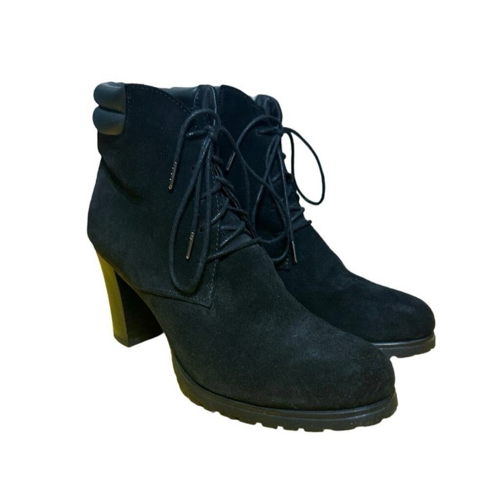 Geox Respira Black Suede Heeled Booties Womens 39 US 9 Sherpa Lined Lace Up